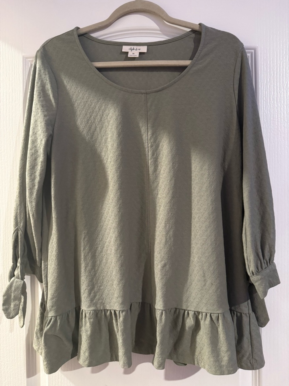 Style and Co Olive Green Blouse Size M Ruffled Peplum Tunic Top Boho Casual